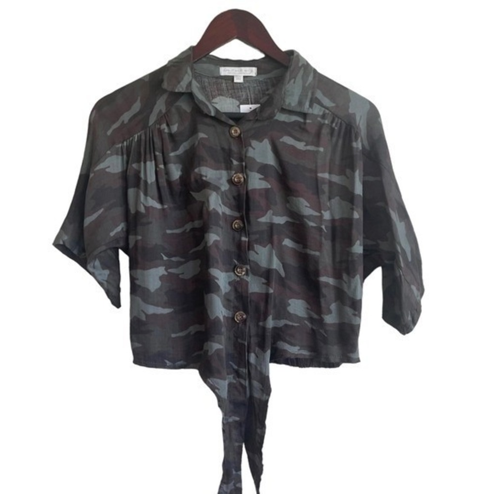 American‎ Eagle Womens Camo Cropped Tie Front Shirt S Green Brown Y2K Streetwear